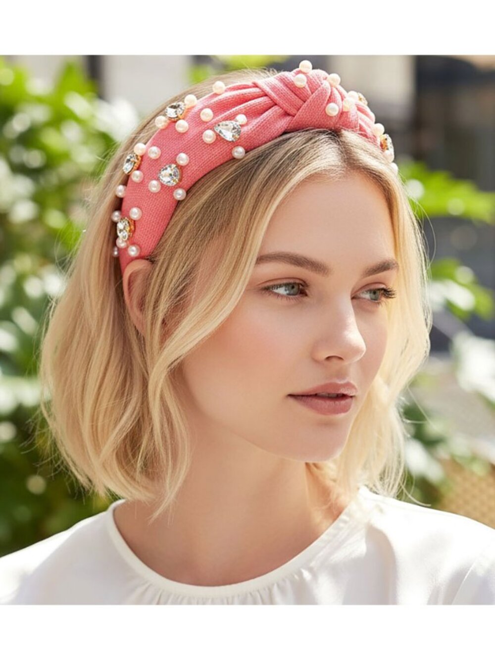 Tigerstars Pink Pearly Teardrop Stone Cluster Embellished Knot Wide Headband